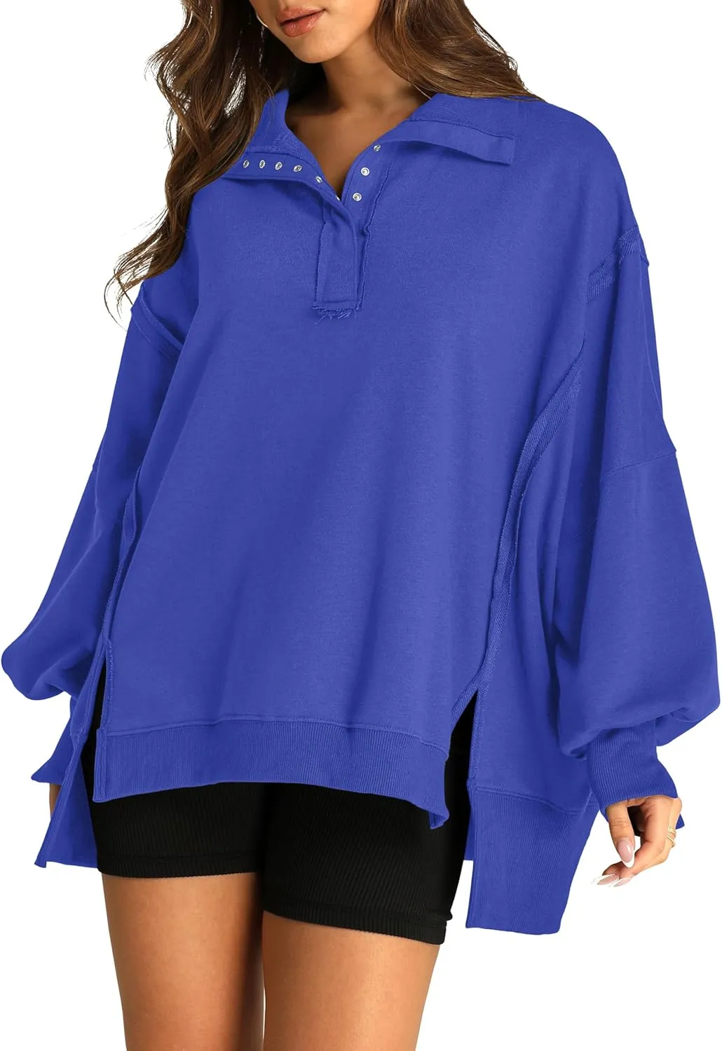 RUBZOOF Oversized Sweatshirt for Women Trendy Button Henley Neck Pullover Long Sleeve Tops Casual Fall Clothes XS-XL