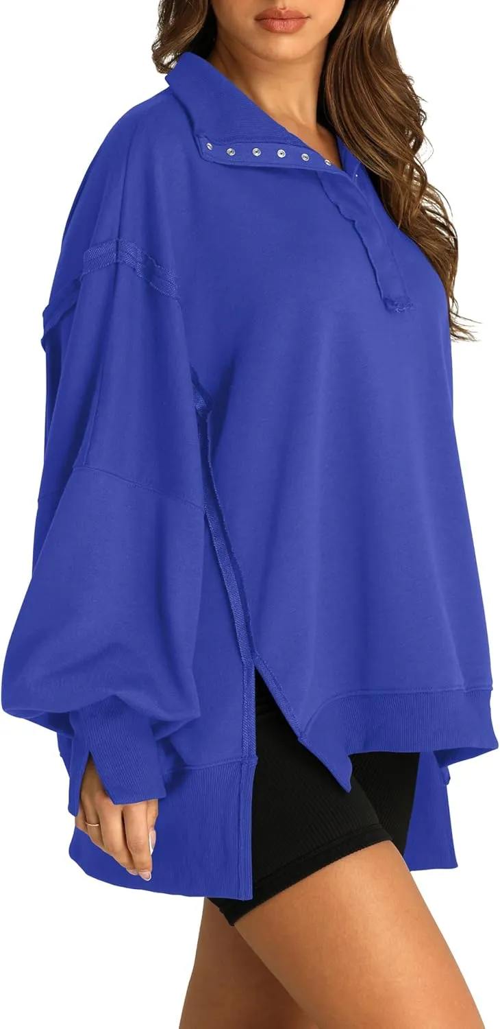 RUBZOOF Oversized Sweatshirt for Women Trendy Button Henley Neck Pullover Long Sleeve Tops Casual Fall Clothes XS-XL