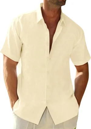 Runcati Mens Button Down Linen Shirts Short Sleeve Casual Collared Summer Beach Untucked Tops