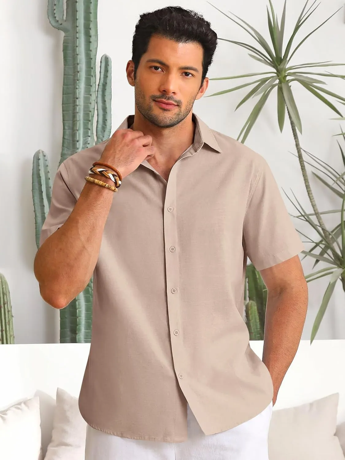 Runcati Mens Button Down Linen Shirts Short Sleeve Casual Collared Summer Beach Untucked Tops