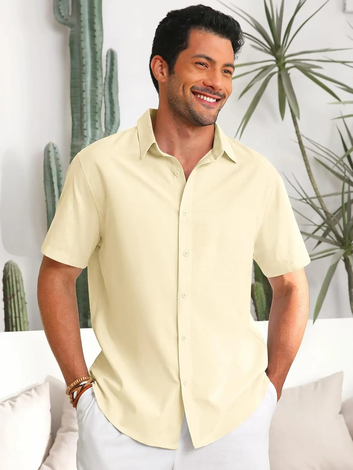 Runcati Mens Button Down Linen Shirts Short Sleeve Casual Collared Summer Beach Untucked Tops