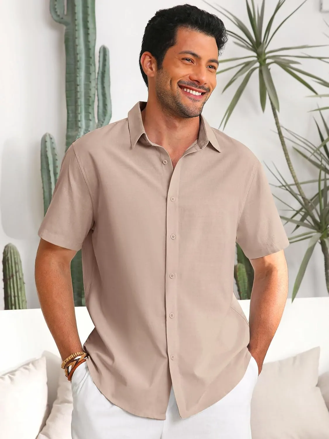 Runcati Mens Button Down Linen Shirts Short Sleeve Casual Collared Summer Beach Untucked Tops