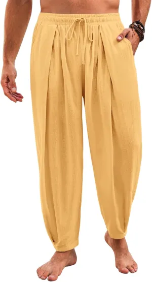 Runcati Mens Casual Harem Pants Drawstring Elastic Waist Cotton Cropped Trousers Yoga Beach Lightweight Pants