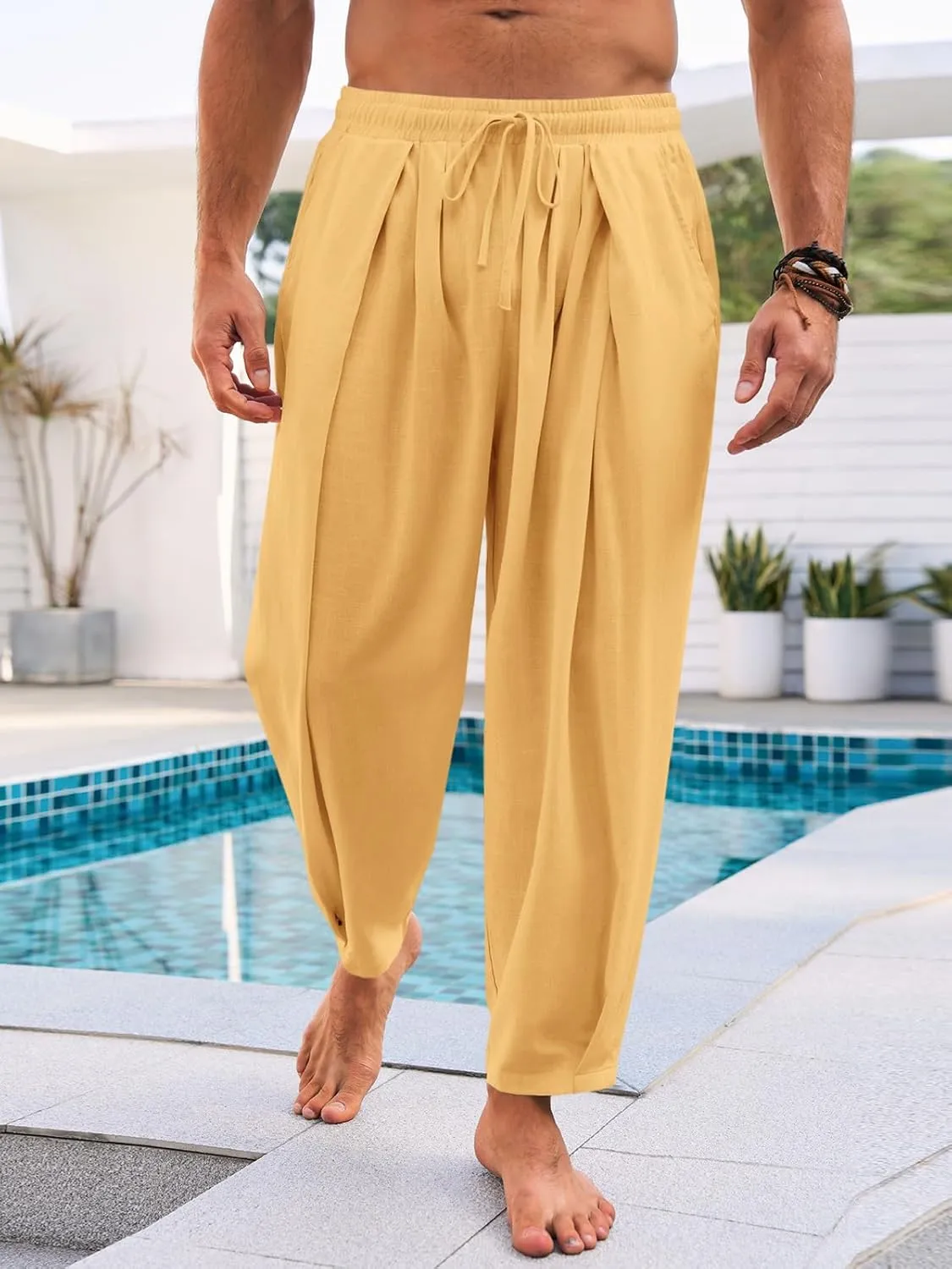 Runcati Mens Casual Harem Pants Drawstring Elastic Waist Cotton Cropped Trousers Yoga Beach Lightweight Pants
