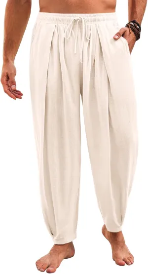 Runcati Mens Casual Harem Pants Drawstring Elastic Waist Cotton Cropped Trousers Yoga Beach Lightweight Pants