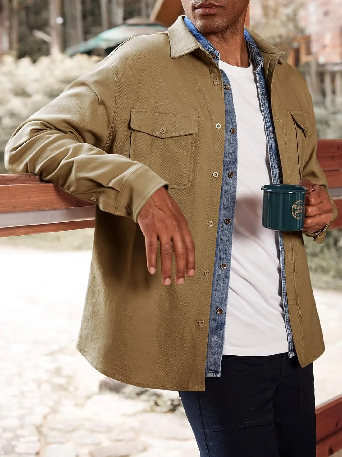 Runcati Mens Casual Shacket Twill Button Down Shirt Jacket Long Sleeve Lightweight Jacket