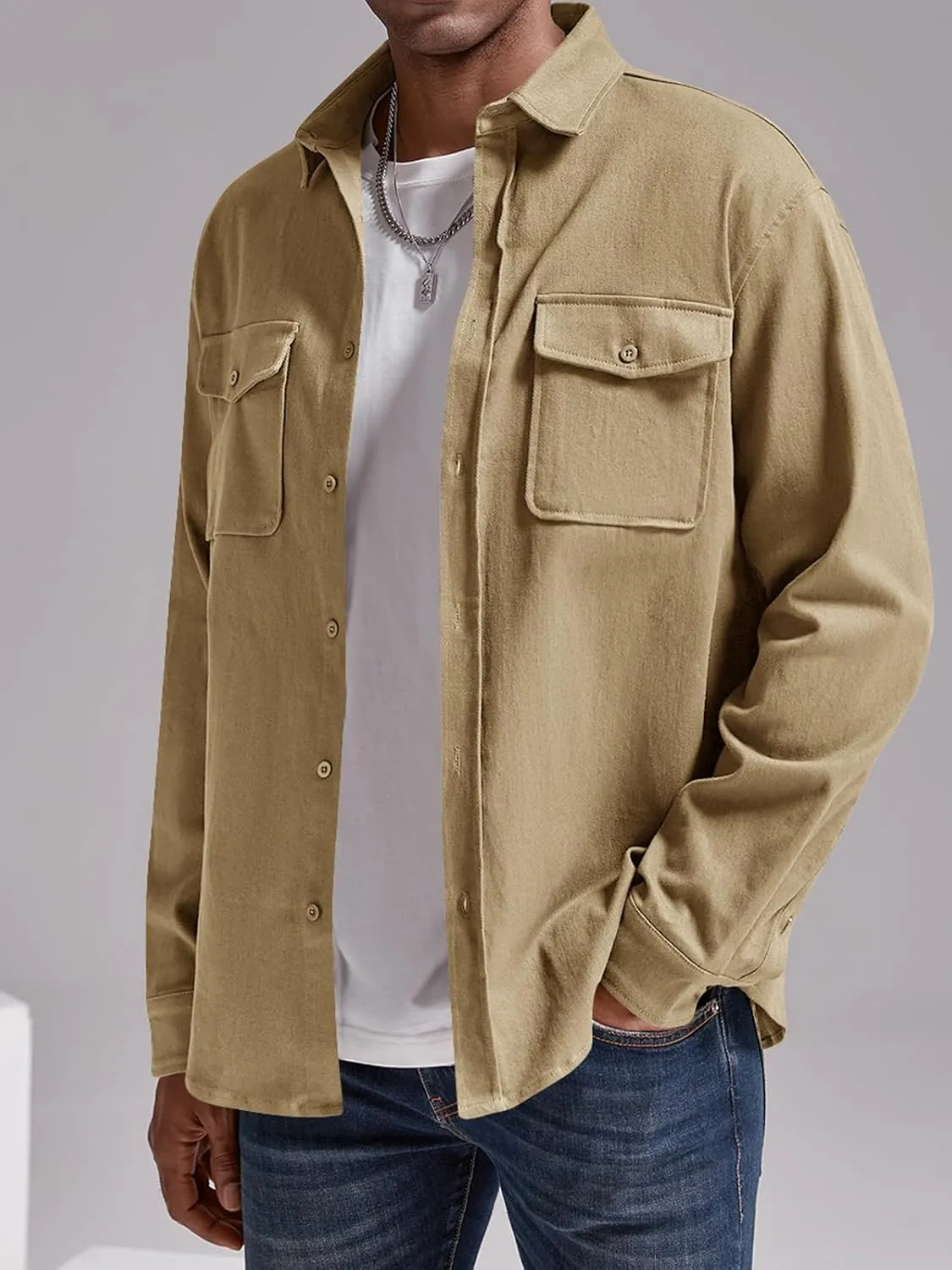 Runcati Mens Casual Shacket Twill Button Down Shirt Jacket Long Sleeve Lightweight Jacket