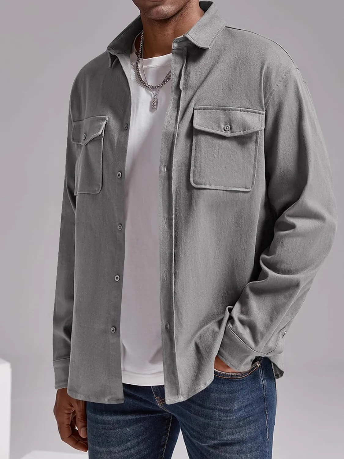 Runcati Mens Casual Shacket Twill Button Down Shirt Jacket Long Sleeve Lightweight Jacket