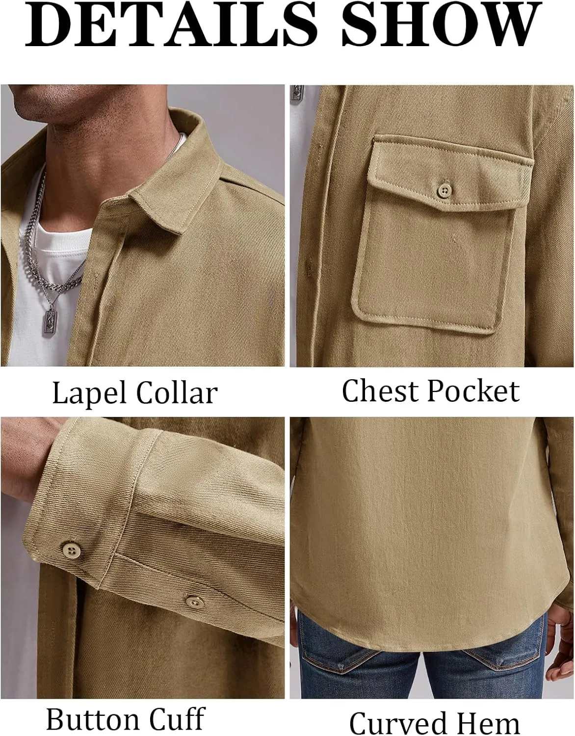 Runcati Mens Casual Shacket Twill Button Down Shirt Jacket Long Sleeve Lightweight Jacket