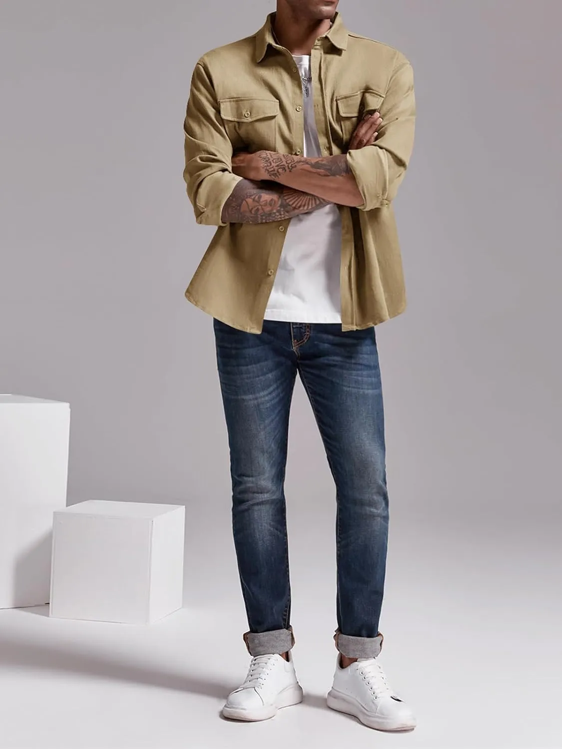 Runcati Mens Casual Shacket Twill Button Down Shirt Jacket Long Sleeve Lightweight Jacket