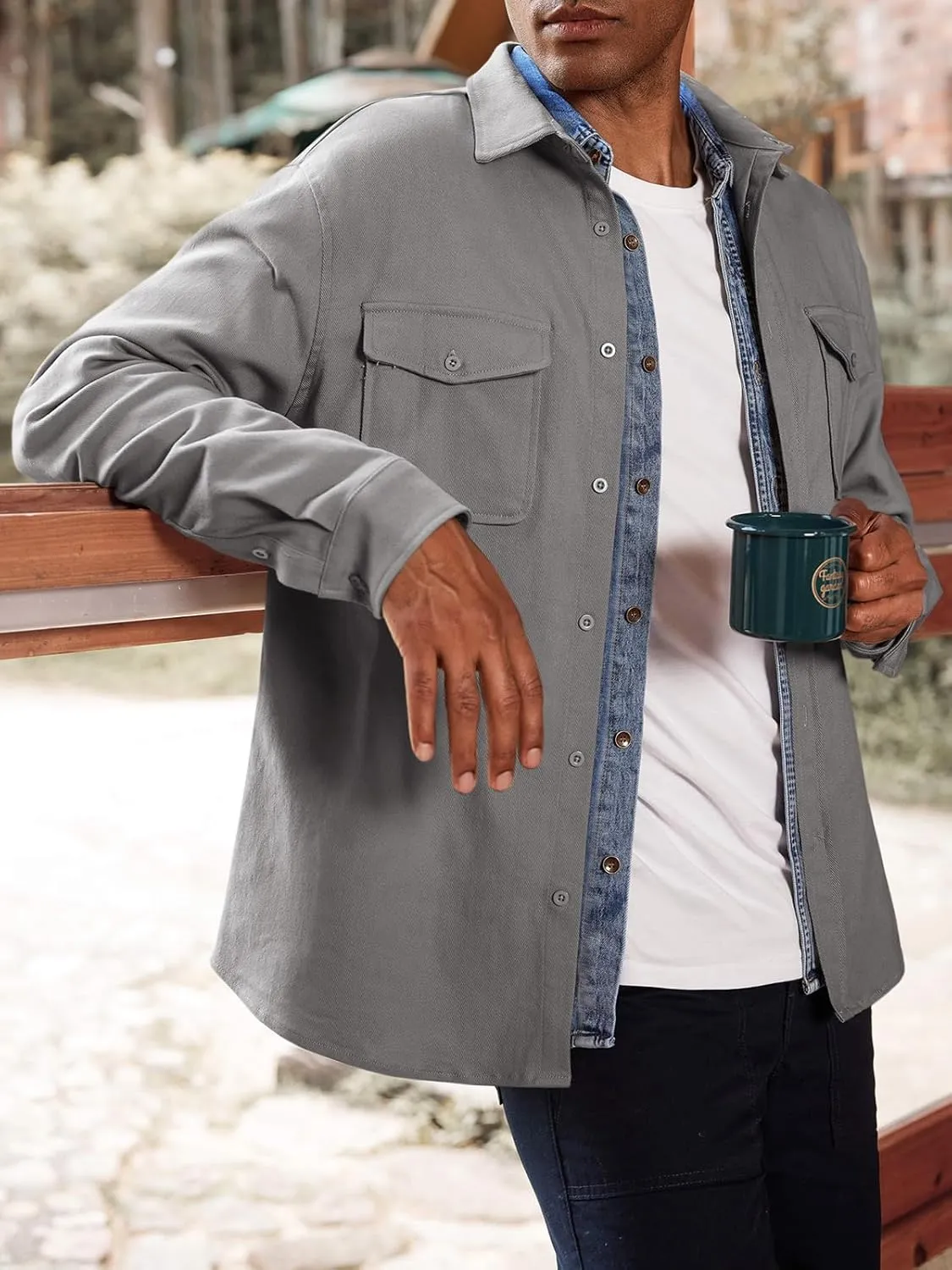 Runcati Mens Casual Shacket Twill Button Down Shirt Jacket Long Sleeve Lightweight Jacket