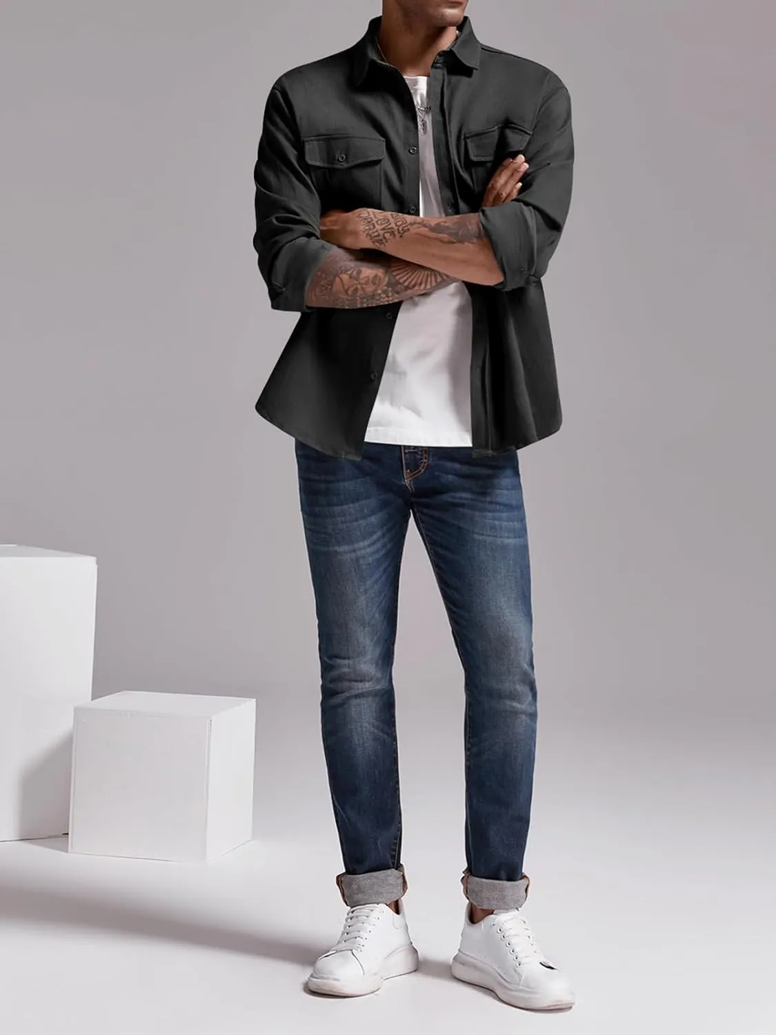 Runcati Mens Casual Shacket Twill Button Down Shirt Jacket Long Sleeve Lightweight Jacket