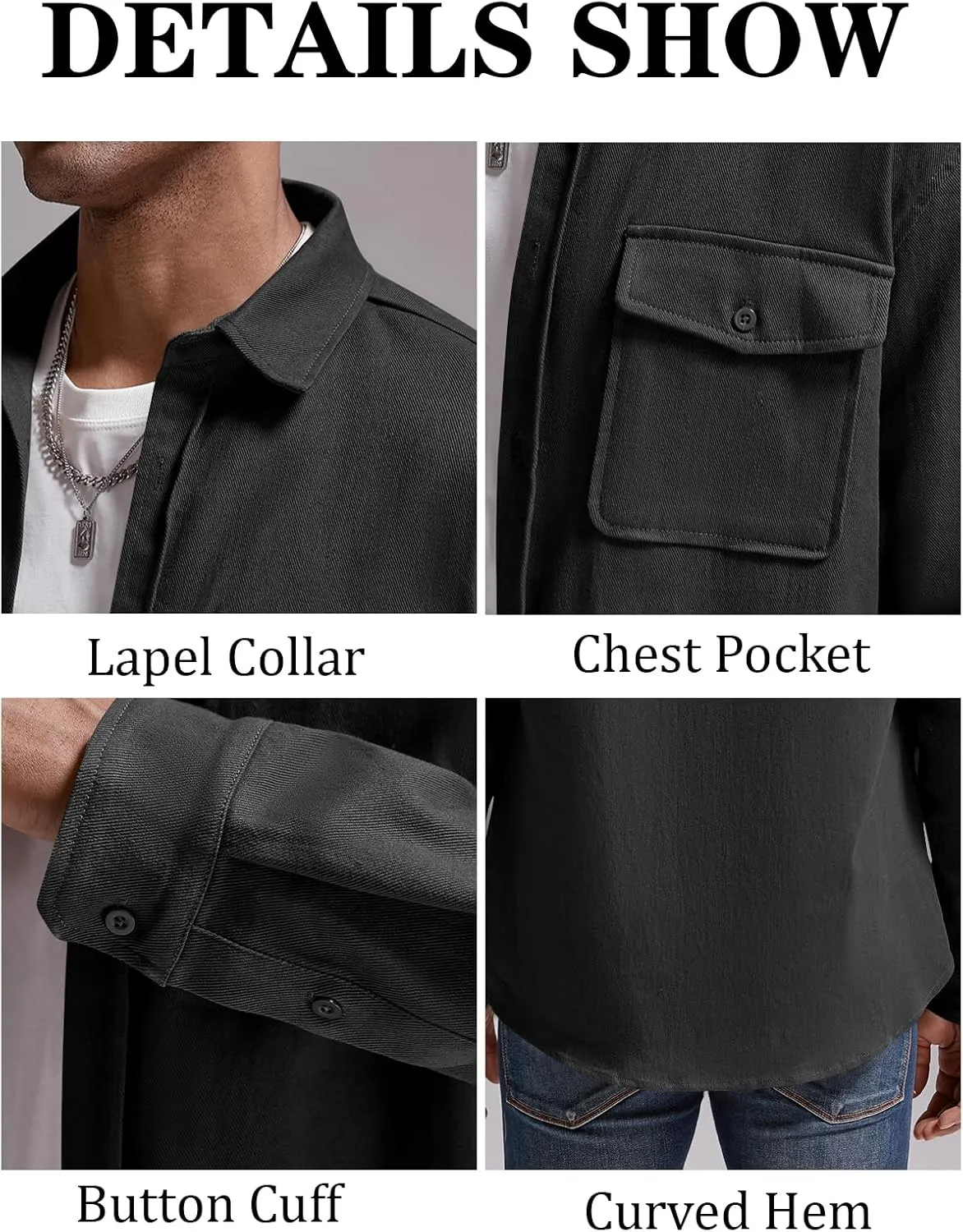 Runcati Mens Casual Shacket Twill Button Down Shirt Jacket Long Sleeve Lightweight Jacket