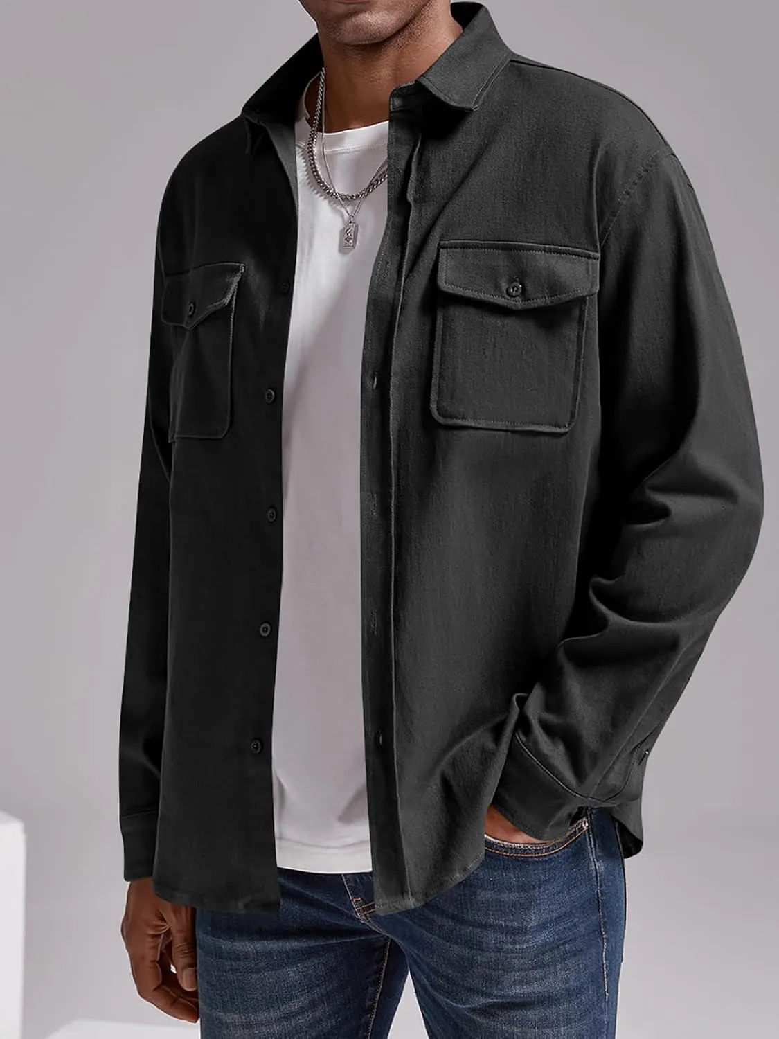 Runcati Mens Casual Shacket Twill Button Down Shirt Jacket Long Sleeve Lightweight Jacket