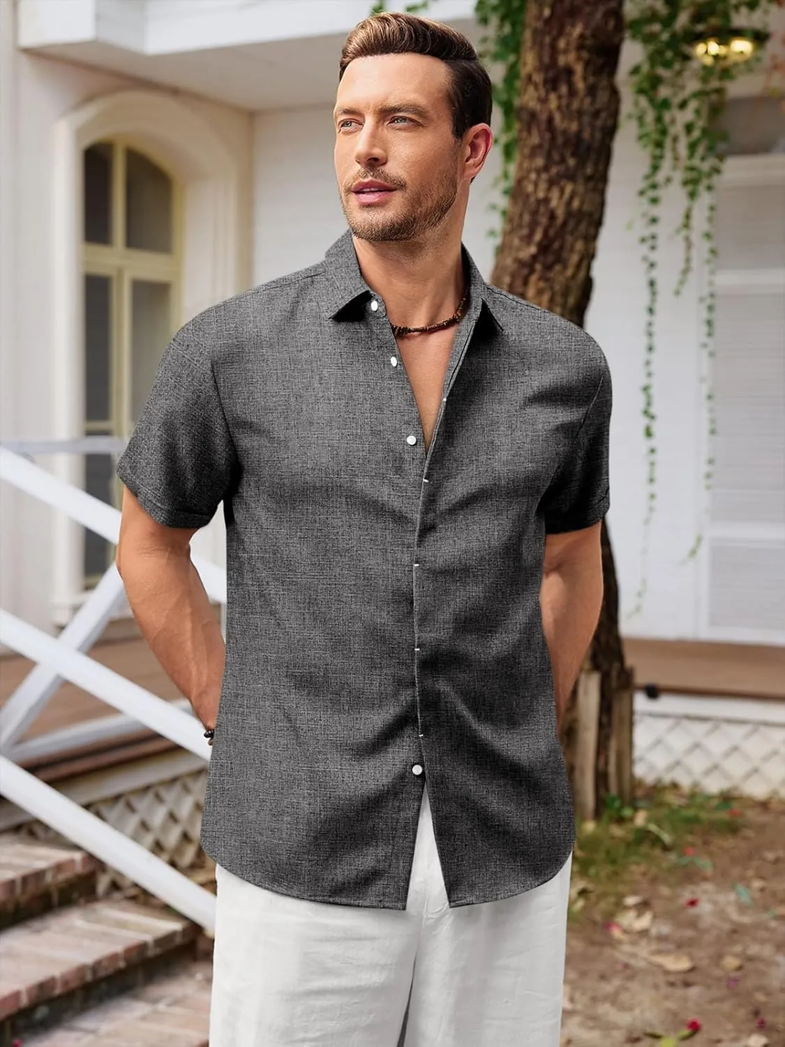 Runcati Mens Short Sleeve Linen Shirts Button Down Casual Texture Summer Beach Wedding Tops