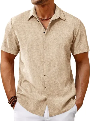 Runcati Mens Short Sleeve Linen Shirts Button Down Casual Texture Summer Beach Wedding Tops