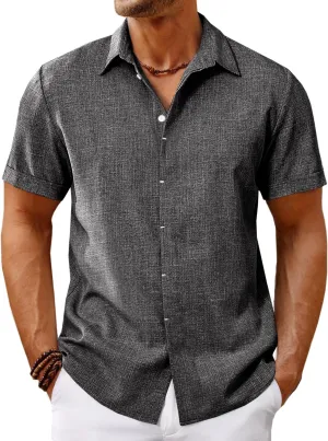 Runcati Mens Short Sleeve Linen Shirts Button Down Casual Texture Summer Beach Wedding Tops