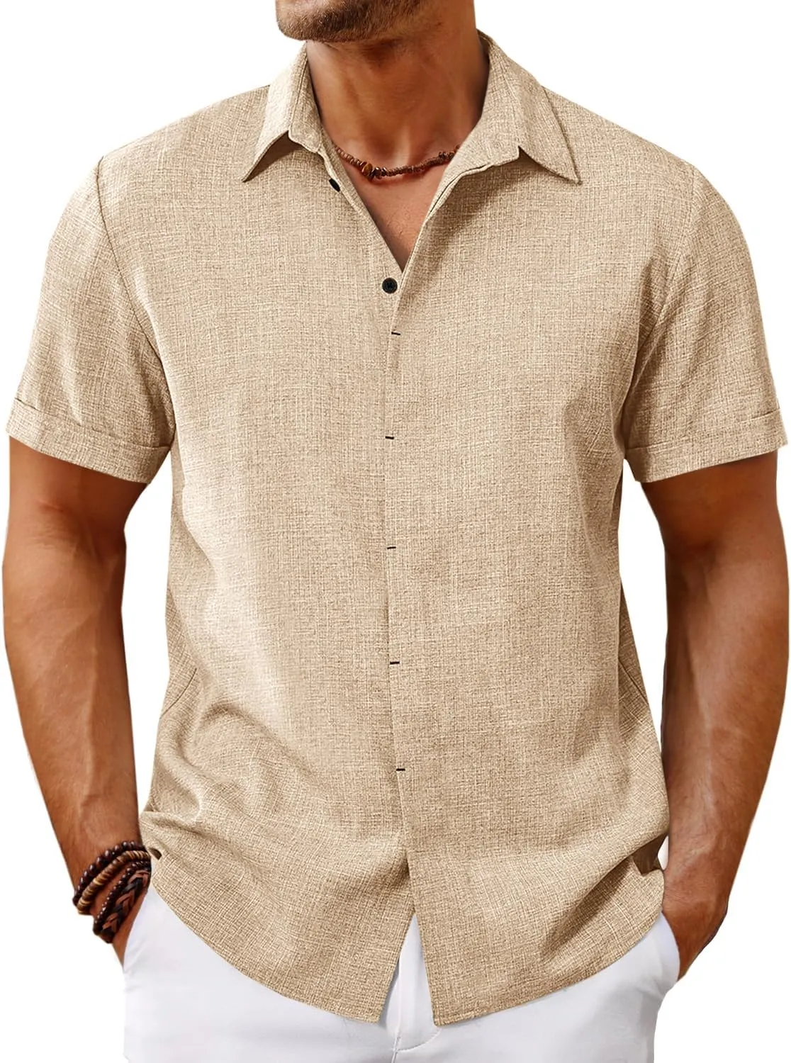 Runcati Mens Short Sleeve Linen Shirts Button Down Casual Texture Summer Beach Wedding Tops