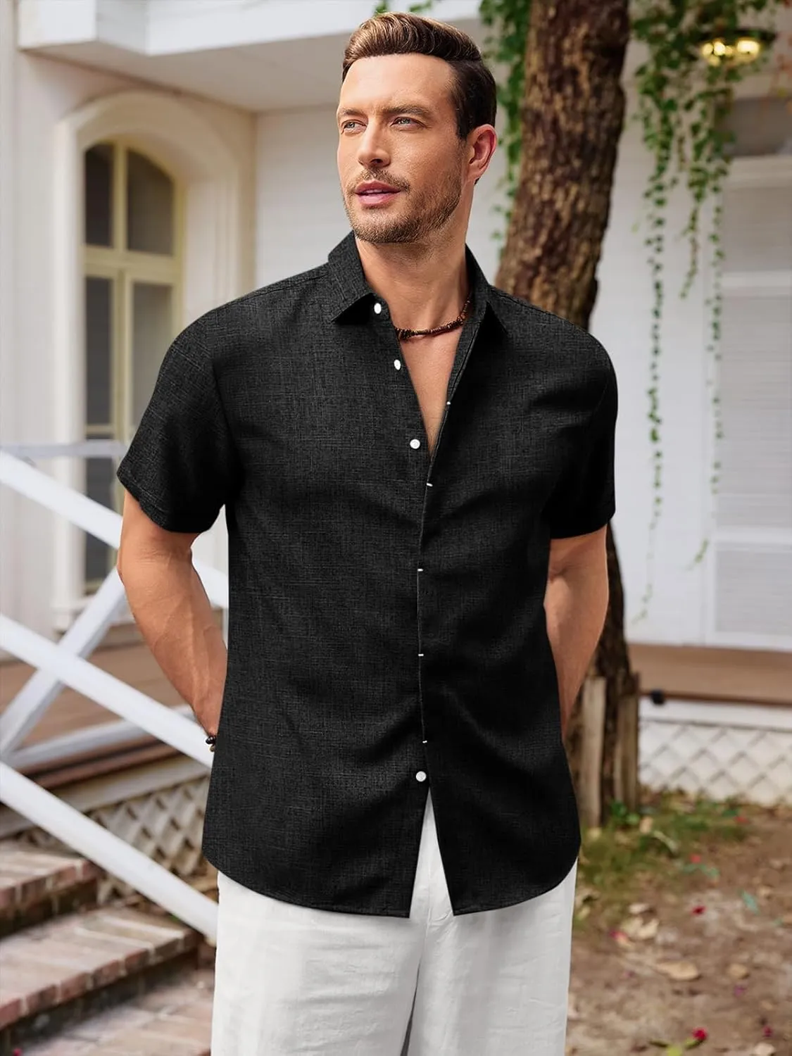 Runcati Mens Short Sleeve Linen Shirts Button Down Casual Texture Summer Beach Wedding Tops