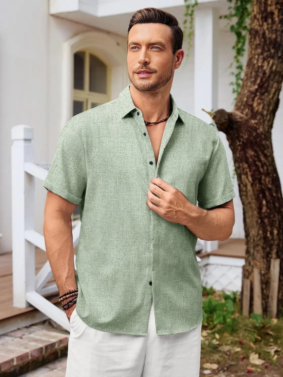 Runcati Mens Short Sleeve Linen Shirts Button Down Casual Texture Summer Beach Wedding Tops