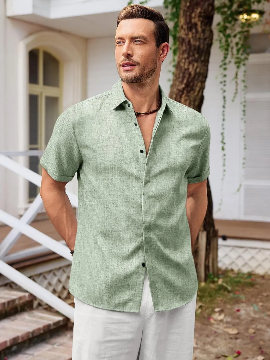 Runcati Mens Short Sleeve Linen Shirts Button Down Casual Texture Summer Beach Wedding Tops