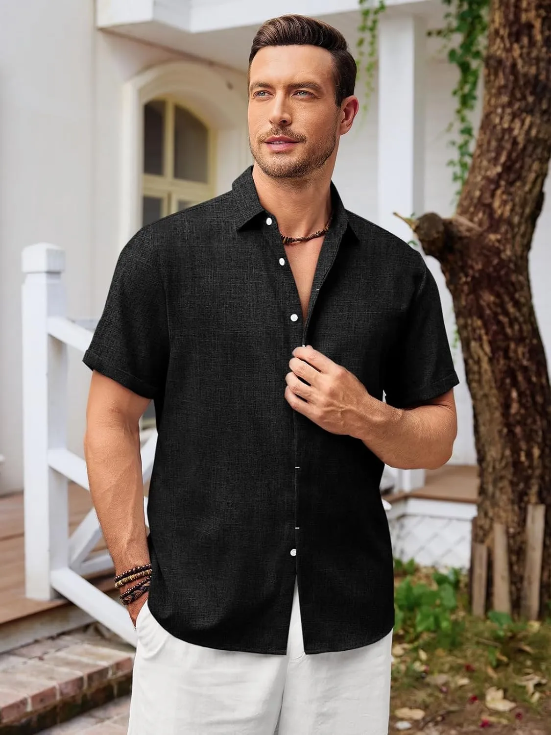 Runcati Mens Short Sleeve Linen Shirts Button Down Casual Texture Summer Beach Wedding Tops