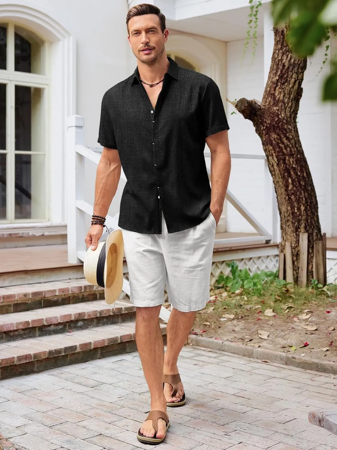 Runcati Mens Short Sleeve Linen Shirts Button Down Casual Texture Summer Beach Wedding Tops