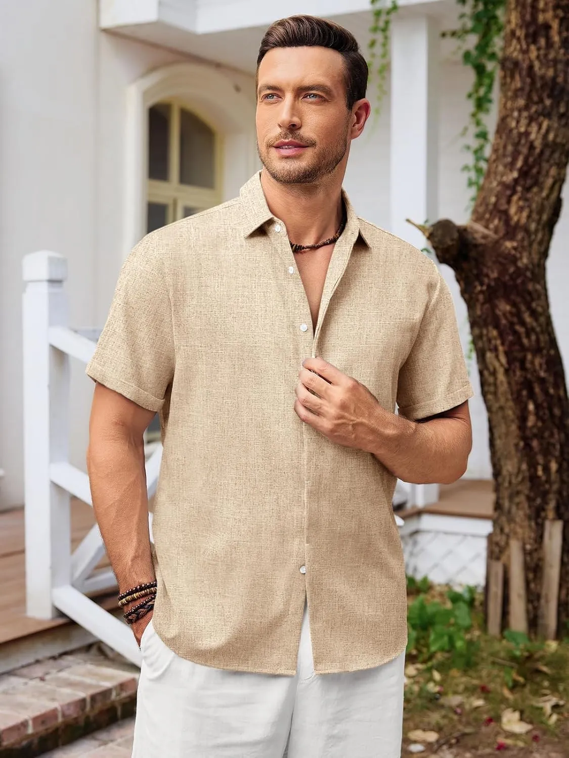 Runcati Mens Short Sleeve Linen Shirts Button Down Casual Texture Summer Beach Wedding Tops