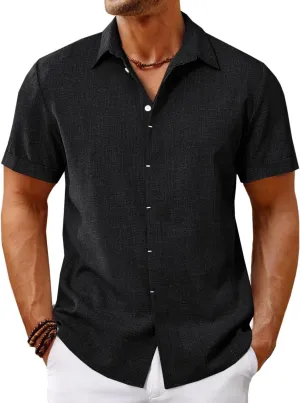 Runcati Mens Short Sleeve Linen Shirts Button Down Casual Texture Summer Beach Wedding Tops