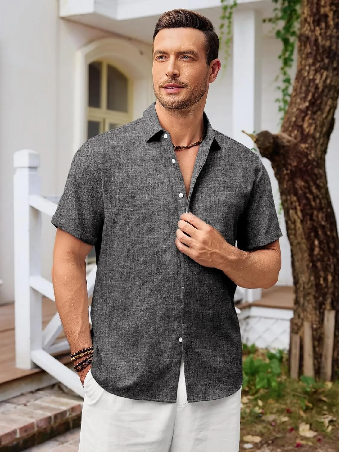 Runcati Mens Short Sleeve Linen Shirts Button Down Casual Texture Summer Beach Wedding Tops