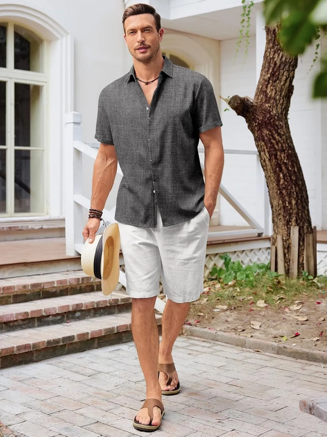 Runcati Mens Short Sleeve Linen Shirts Button Down Casual Texture Summer Beach Wedding Tops