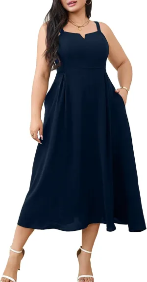 RWJ Women's Plus Size Dresses with Pockets V-Neck Sleeveless Maxi Dress for Wedding Guest Dress Formal Cocktail