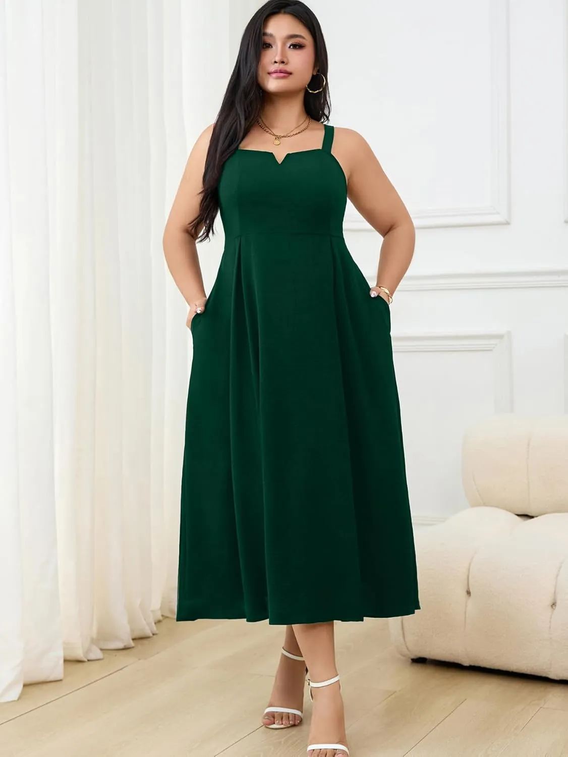 RWJ Women's Plus Size Dresses with Pockets V-Neck Sleeveless Maxi Dress for Wedding Guest Dress Formal Cocktail
