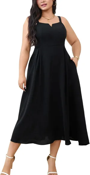 RWJ Women's Plus Size Dresses with Pockets V-Neck Sleeveless Maxi Dress for Wedding Guest Dress Formal Cocktail