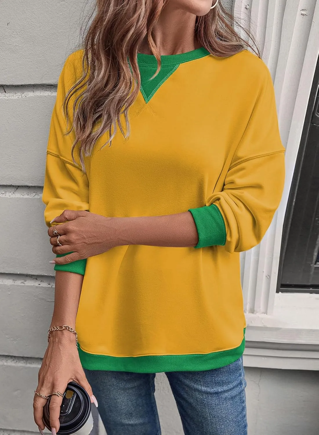 Samefar Women's Sweatshirts Oversized Color Block Crew Neck Long Sleeve Tops Casual Lightweight Pullover Shirts Y2K Clothes