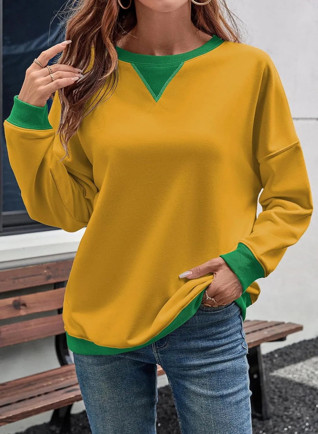 Samefar Women's Sweatshirts Oversized Color Block Crew Neck Long Sleeve Tops Casual Lightweight Pullover Shirts Y2K Clothes