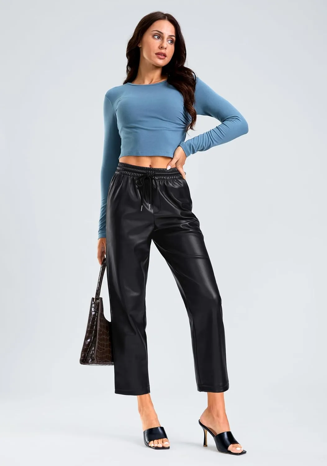 SANTINY Women's Faux Leather Pants High Waisted Straight Leg Cropped Ankle Trousers Vegan Matte Pleather Pants for Women