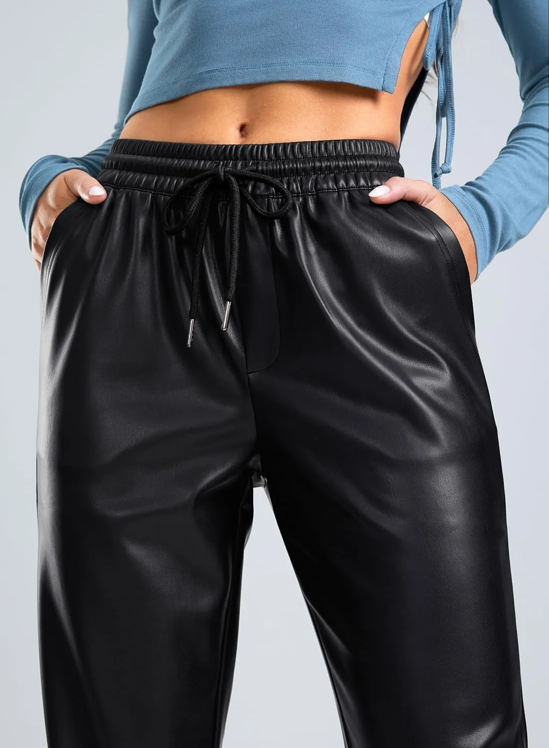 SANTINY Women's Faux Leather Pants High Waisted Straight Leg Cropped Ankle Trousers Vegan Matte Pleather Pants for Women