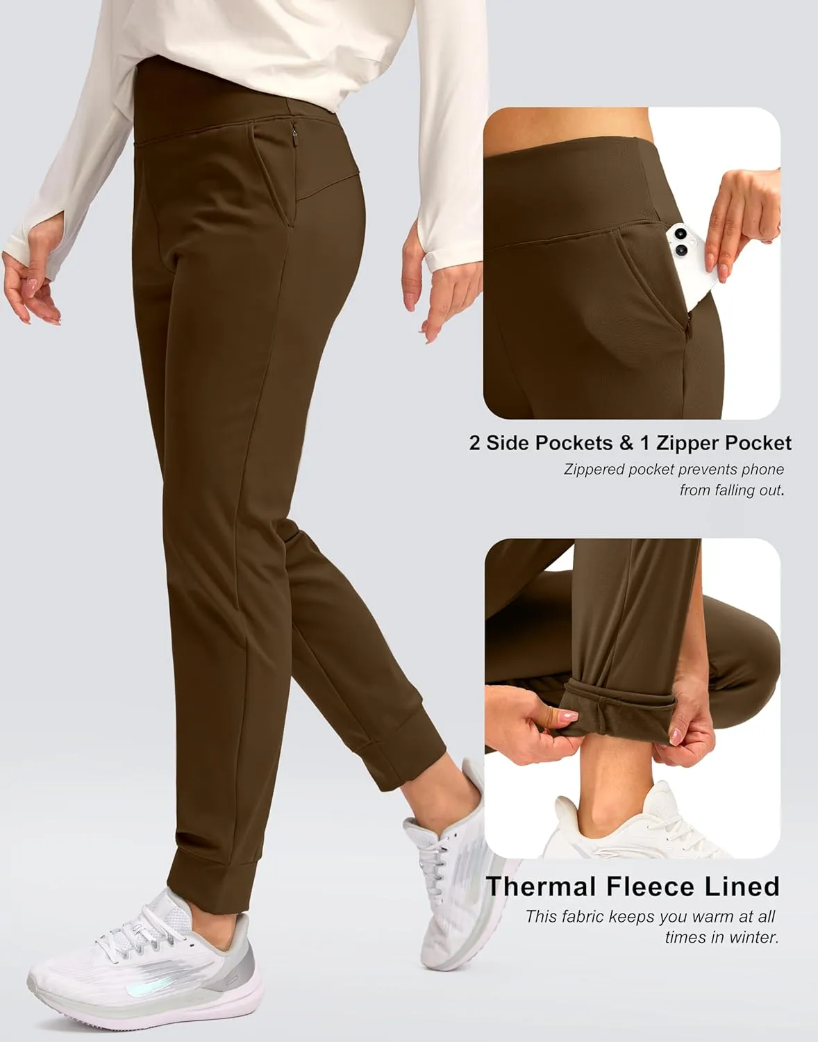 SANTINY Women's Fleece Lined Joggers Water Resistant High Waisted Thermal Sweatpants Winter Pants Hiking Running Pockets