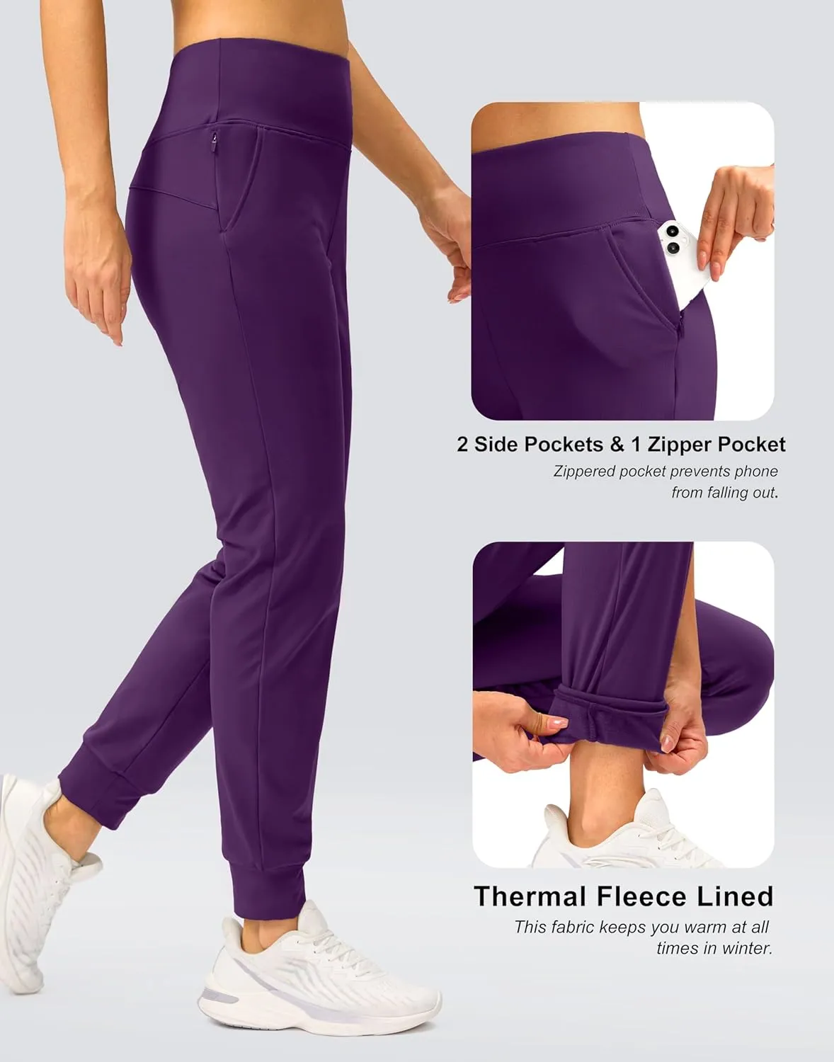 SANTINY Women's Fleece Lined Joggers Water Resistant High Waisted Thermal Sweatpants Winter Pants Hiking Running Pockets