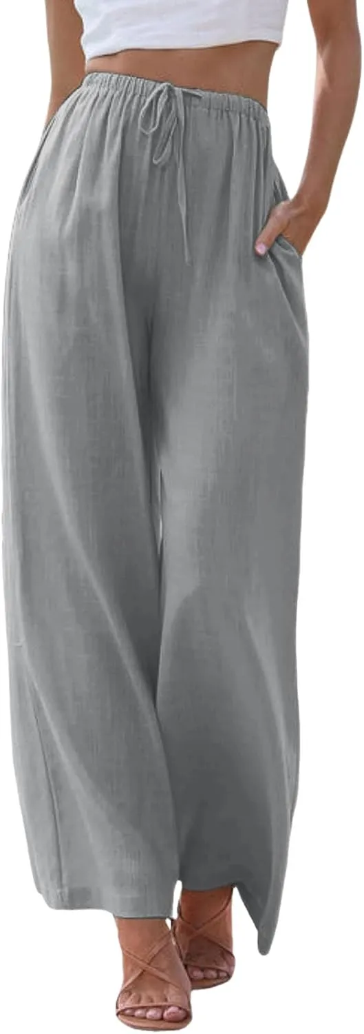 sdbrld Pantalones De Lino De Las Mujeres Linen Wide Leg Pants for Women Shorts Linen Pants Women Summer,Womens Linen Pants with Pockets High Waist Adjustable Knot Casual Trousers (Z41-GY1, XXL)