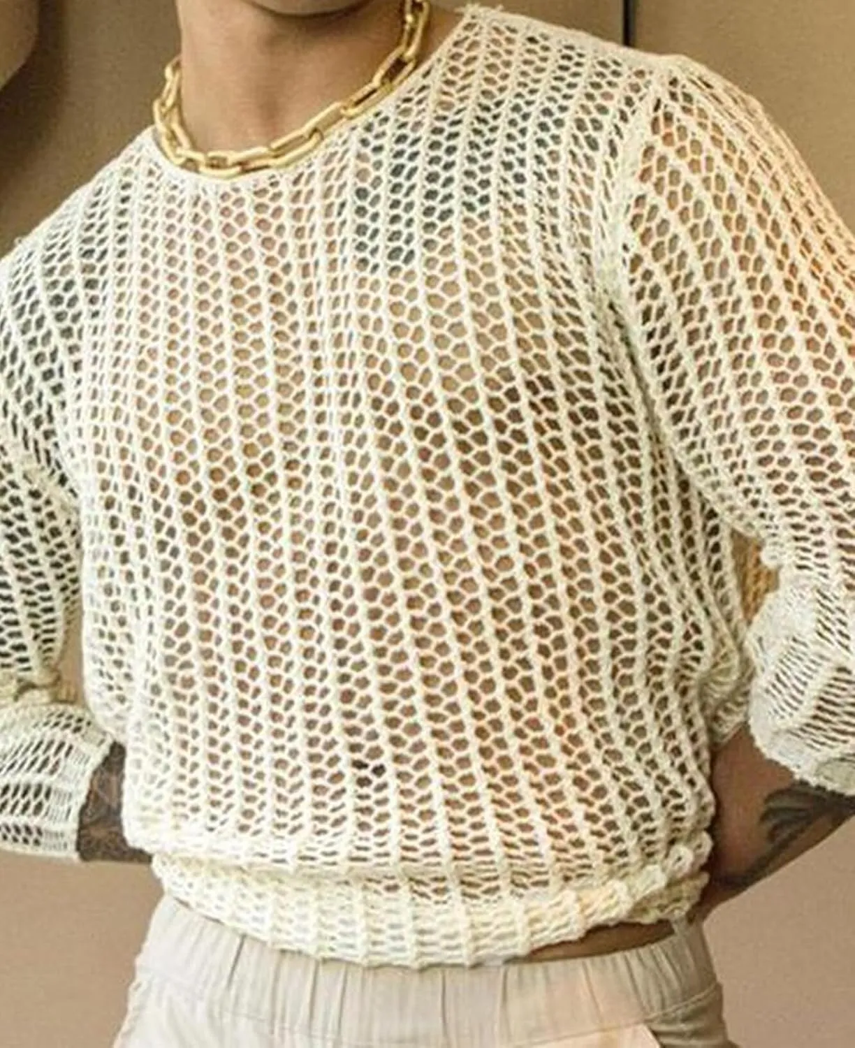 SEAUR Sheer Mesh Top for Men See Through Shirt Long Sleeve Slim Fit Tee Shirts Clubwear Party Tops