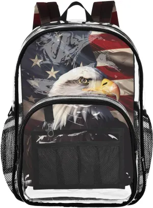 senya Transparent School Bag Bald Eagle American Flag Travel Backpack With Water-Resistant PVC Plastic Clear Bagpack