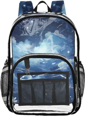 senya Transparent School Bag Blue Clouds Starry Sky Travel Backpack With Water-Resistant PVC Plastic Clear Bagpack