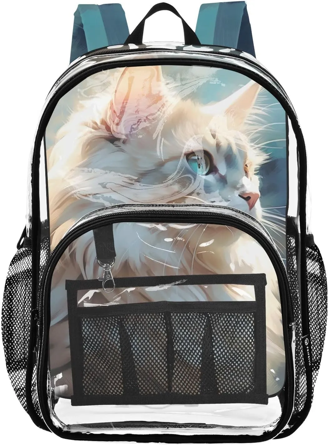 senya Transparent School Bag Blue Eyes White Cat Travel Backpack With Water-Resistant PVC Plastic Clear Bagpack