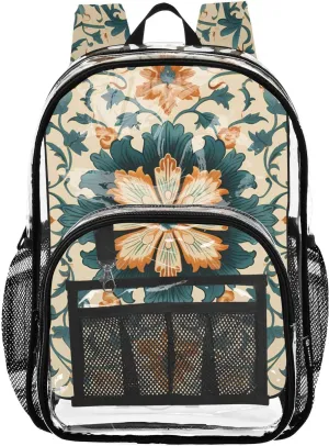 senya Transparent School Bag Blue-orange Flower Vines Travel Backpack With Water-Resistant PVC Plastic Clear Bagpack