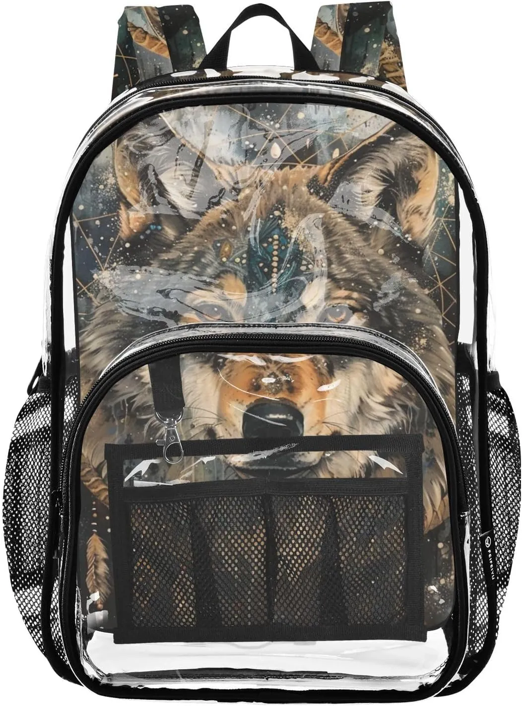 senya Transparent School Bag Brown Wolf Dream Catcher Travel Backpack With Water-Resistant PVC Plastic Clear Bagpack