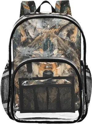 senya Transparent School Bag Brown Wolf Dream Catcher Travel Backpack With Water-Resistant PVC Plastic Clear Bagpack