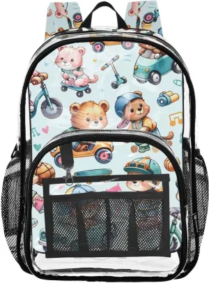 senya Transparent School Bag Cartoon Bears Driving Music Travel Backpack With Water-Resistant PVC Plastic Clear Bagpack