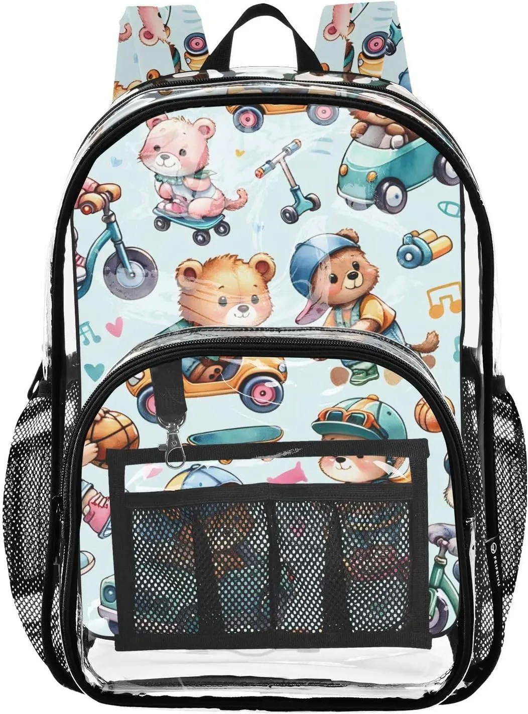 senya Transparent School Bag Cartoon Bears Driving Music Travel Backpack With Water-Resistant PVC Plastic Clear Bagpack